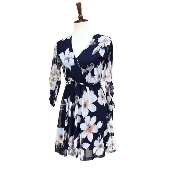 Lush Womens Navy Cream Floral Mesh Surplice Mini Dress Size S - Picture 2 of 12